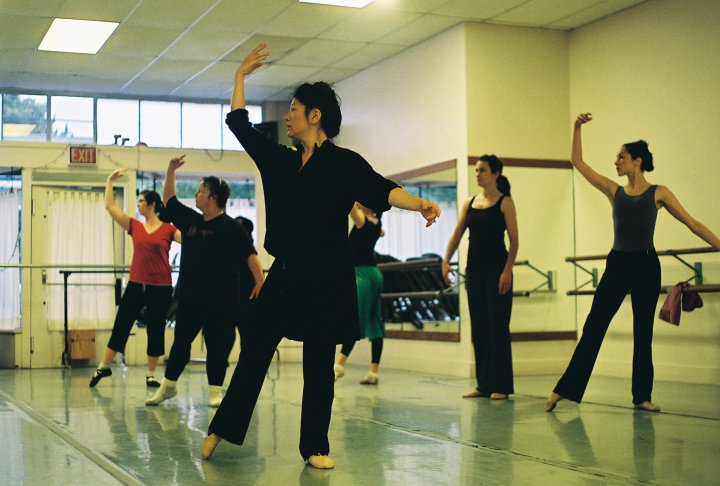 Adult dancers in tendu in class