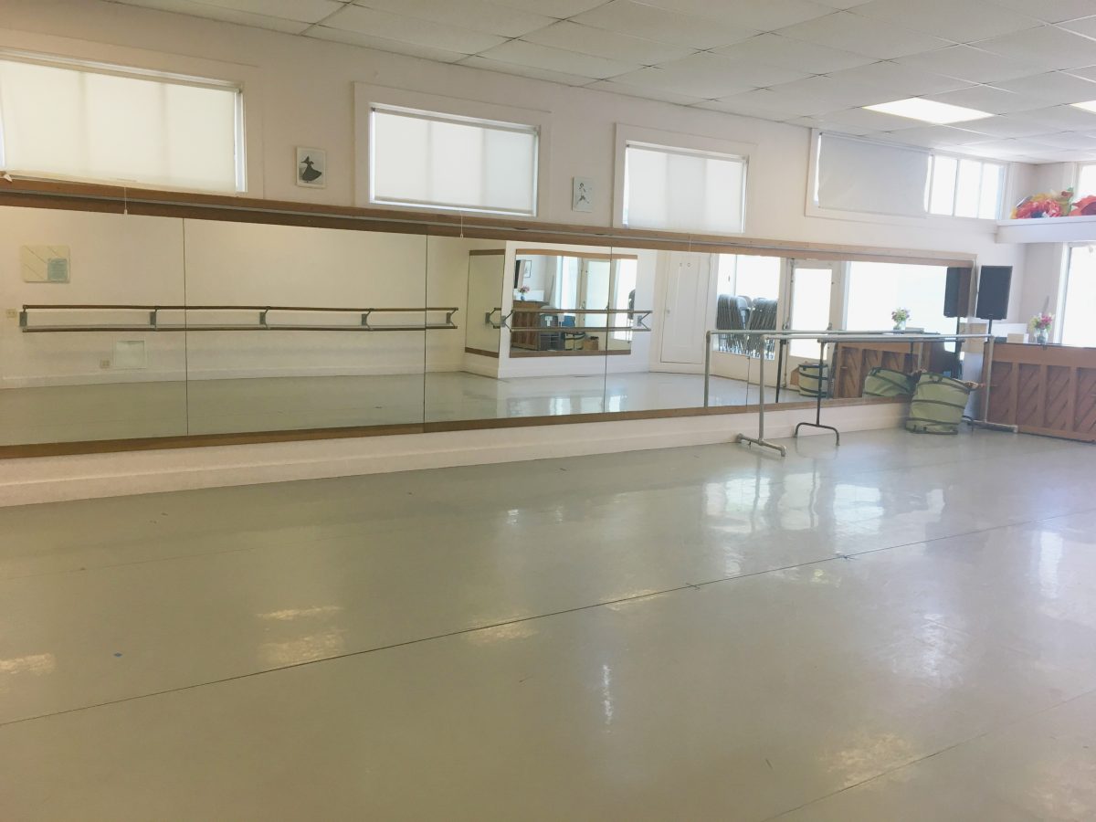 studio 1 facing the mirrors. The piano is visible in the top right corner.
