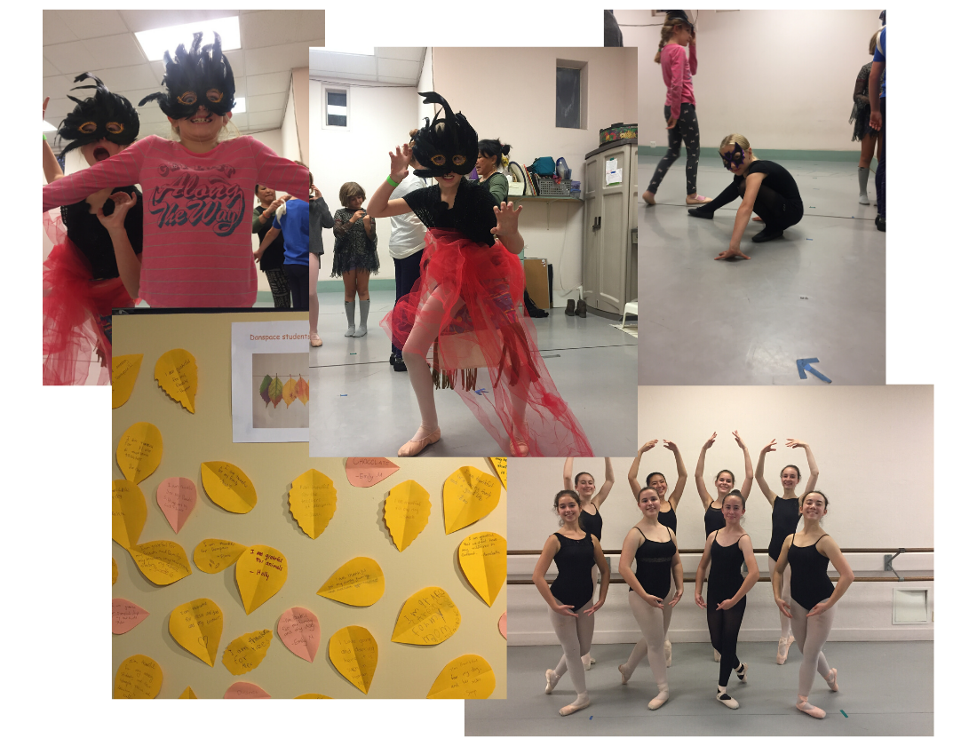 A collage of photos from the Fall 2019 including dancers in costumes, gratitude notes, and poses in the studio.