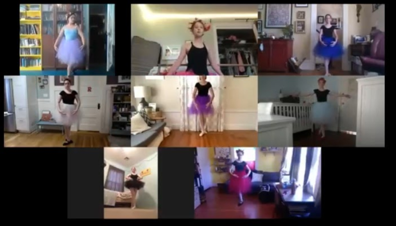 Screenshot of 8 dancers on zoom in costume during the COVID-19 pandemic.