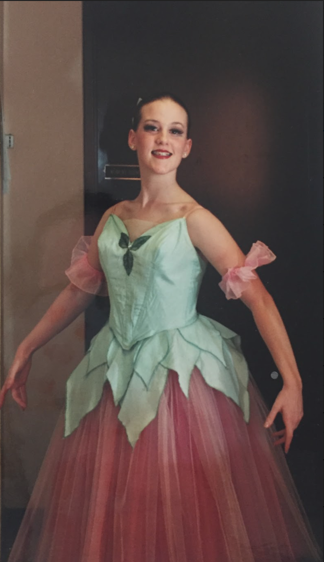 Scan of a photograph of KT Mower in a Waltz of the Flowers costume as a teenager.