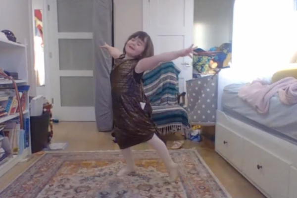 Screen Shot 2021-02-15 at 3.04.21 PM Screenshot of a dancer dancing in her bedroom while on zoom during the COVID-19 pandemic.