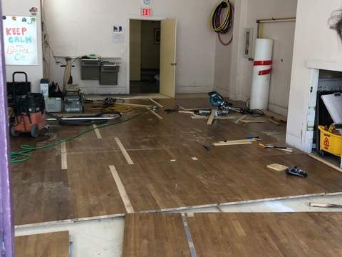 Studio 2 construction in progress. Spring floor is not quite laid and equipment is visible throughout the room.