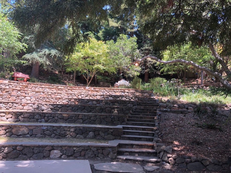 An outdoor amphitheater surrounded by trees and greenery.