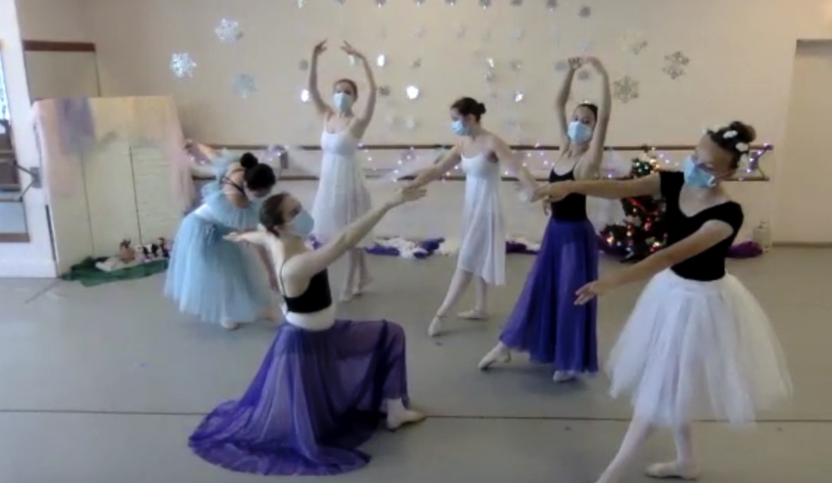 A screenshot of 6 dancers in costumes and masks during a Nutcracker performance in studio.