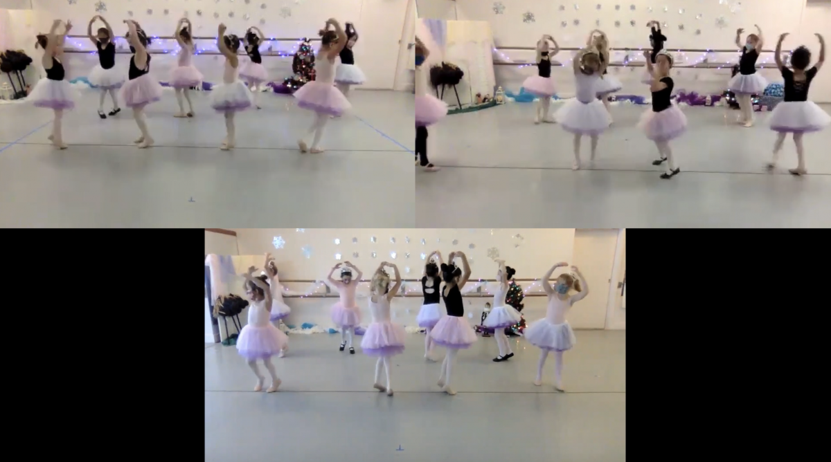 A screenshot of a zoom recording of three classes of young dancers doing a sugar plum fairy variation from an in-studio Nutcracker performance.