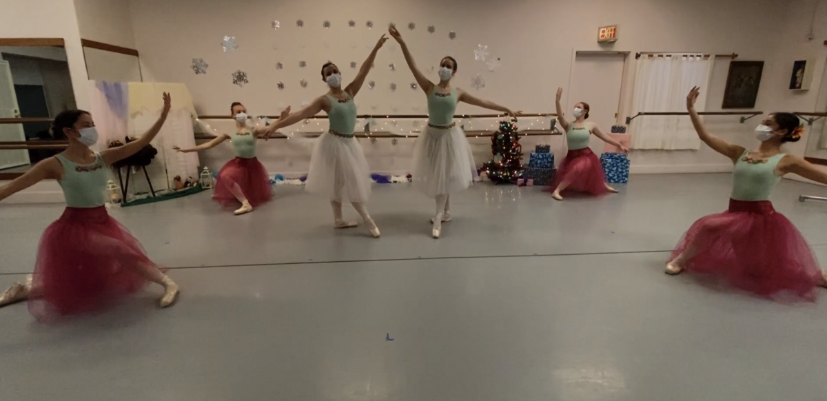 A screenshot of 6 dancers performing a Nutcracker variation in the studio. Two dancers are in white tutus and four are in pink tutus.