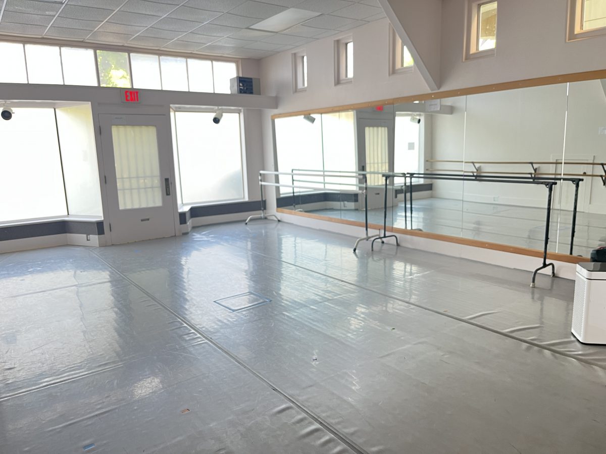 studio 2 with a marley floor, barres opposite a wall of mirrors. Windows are frosted and open to the street.
