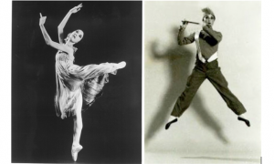 Two black and white photos side by side. On the left is Andra Corvino wearing an empire waist dress and posing in attitude and the right is Ernesta Corvino dressed in pants, shirt, and sash, holding a flute, mid jump in second position