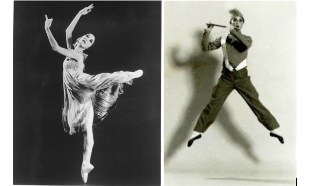 Two black and white photos side by side. On the left is Andra Corvino wearing an empire waist dress and posing in attitude and the right is Ernesta Corvino dressed in pants, shirt, and sash, holding a flute, mid jump in second position