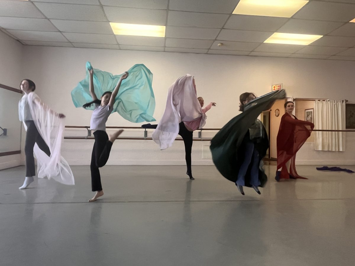 5 dancers in costume of various colors using long pieces of fabric to create movement